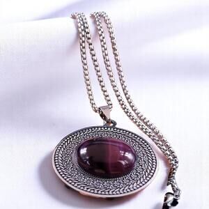 Stainless Steel Purple Stone Pendant Necklace Vintage Style